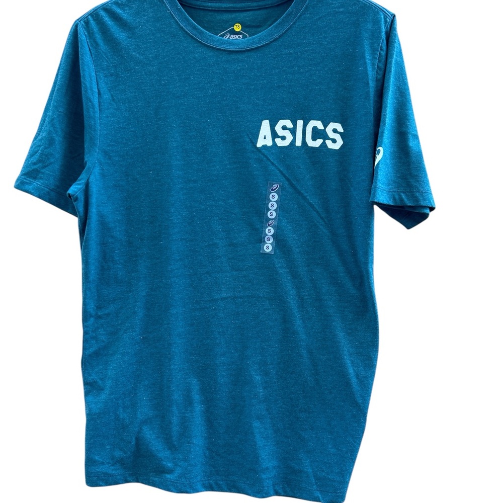 Asics Mens Graphic T-Shirt Teal Blue Heather Sunset Back Print Size Small